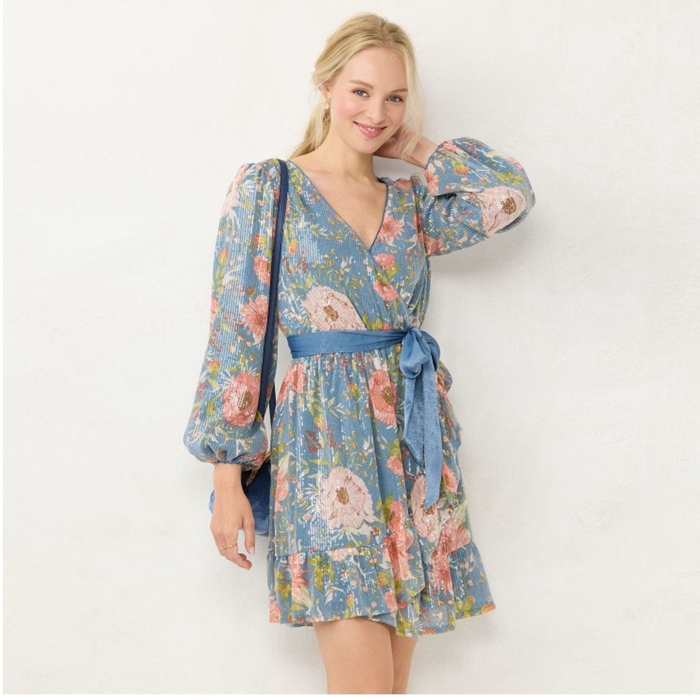 Lauren Conrad Sequins Floral Blue Wrap Dress